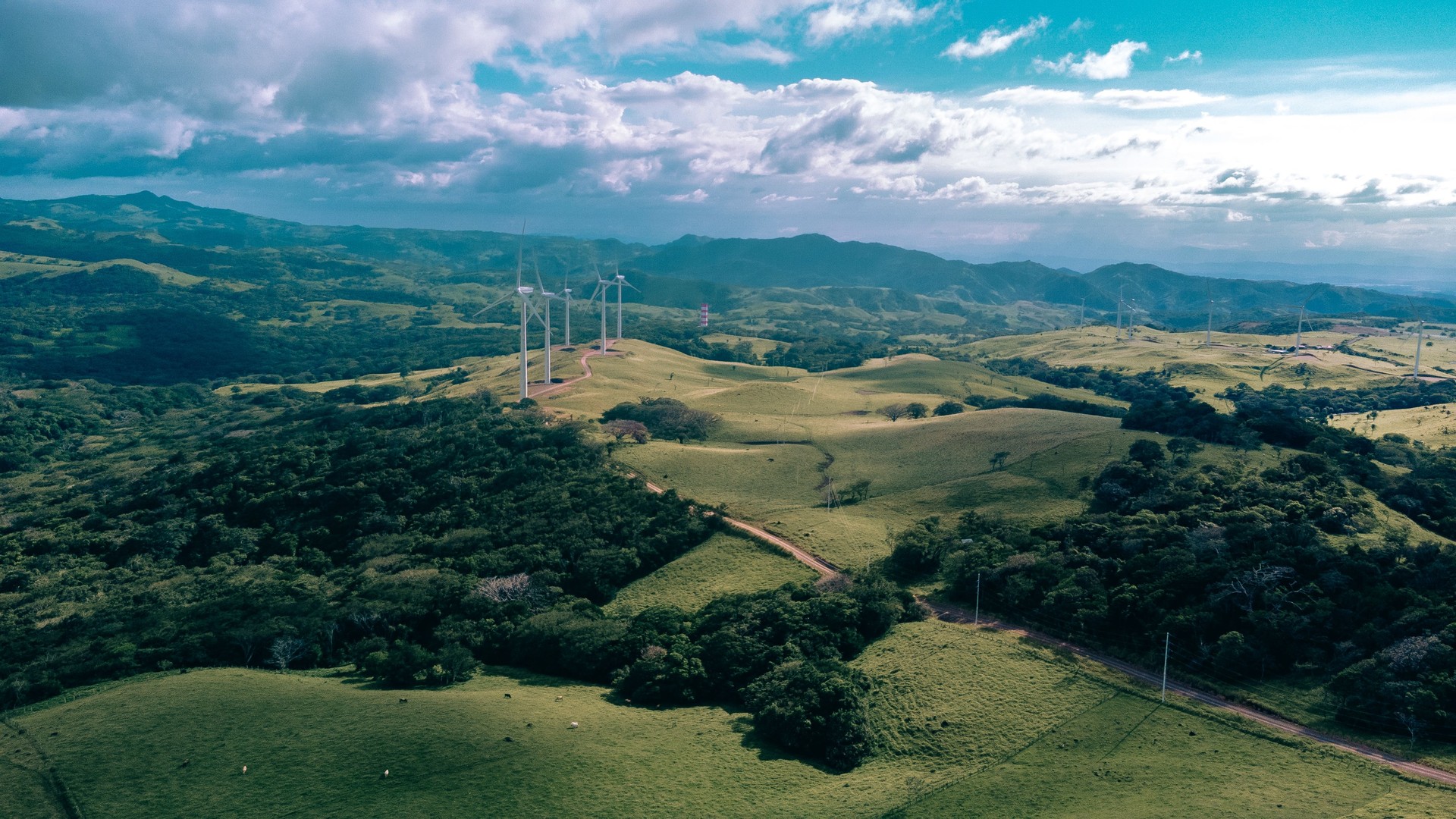 Landscape of a valley with wind turbine. Green power in Costa Rica